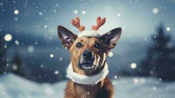 A dog wearing reindeer antlers and sitting in a snowy winter wonderland, with space for text, background image, generative AI photo