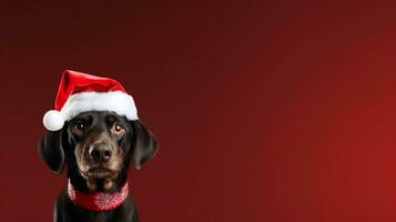 un perro con un Papa Noel claus barba y sombrero, Listo para un Navidad fiesta, con habitación para texto, antecedentes imagen, generativo ai foto