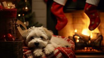 A dog enjoying a cozy evening by the fireplace with Christmas stockings hung, with room for text, background image, generative AI photo
