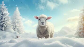 A fluffy Christmas sheep in a snowy landscape, with space for text, background image, generative AI photo