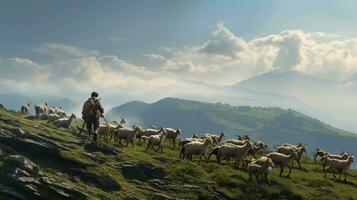 A goat herder leading a herd of goats across a picturesque hillside, with space for text, background image, generative AI photo