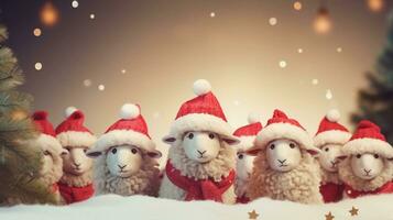 A group of sheep wearing festive Santa hats and gathered around a Christmas tree, with room for text, background image, generative AI photo