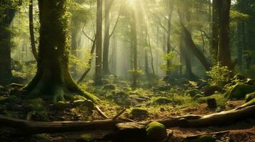 A lush forest with towering trees and dappled sunlight, ideal for text placement, background image, generative AI photo