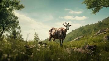 A pastoral scene of a goat grazing in a lush green pasture, with space for text, background image, generative AI photo