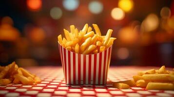 un servicio de francés papas fritas en un retro cena cesta con un a cuadros fondo, Perfecto para texto colocación, antecedentes imagen, generativo ai foto