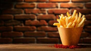 A stack of French fries in a paper cone against a textured red brick wall, suitable for text overlay, background image, generative AI photo