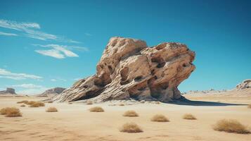 A textured rock formation in a desert landscape under a clear blue sky, suitable for text, background image, generative AI photo