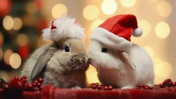 Two Christmas bunnies wearing Santa hats and nuzzling each other in front of a decorated Christmas tree with room for text, background image, generative AI photo