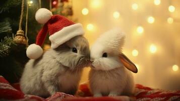 Two Christmas bunnies wearing Santa hats and nuzzling each other in front of a decorated Christmas tree with room for text, background image, generative AI photo