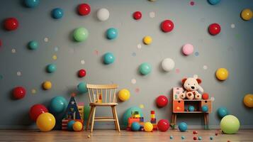 un escena ilustrando polca puntos como parte de un juguetón para niños ambiente, tal como un guardería o aula, Proporcionar espacio para texto, antecedentes imagen, generativo ai foto