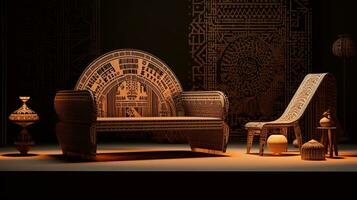 A scene illustrating woodcut dot patterns incorporated into furniture design, space for text, background image, generative AI photo