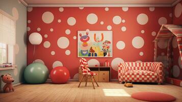 A scene illustrating polka dots as part of a playful children's environment, such as a nursery or classroom, providing space for text, background image, generative AI photo