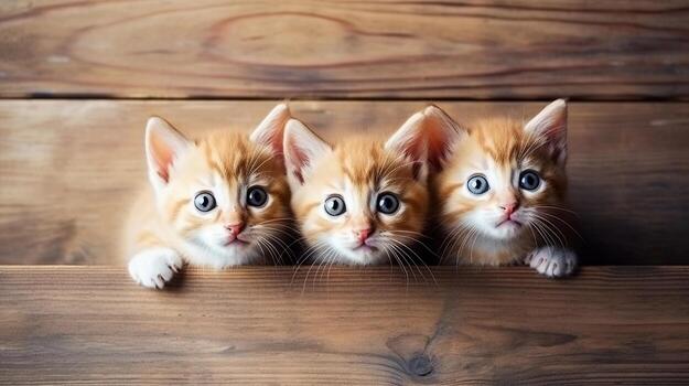 top view of kittens on textured wooden table with space for text, background image, generative AI photo