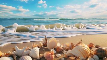 An image featuring an assortment of seashells washed up on a sandy beach, inviting text to explore the diversity of seashell species, background image, generative AI photo