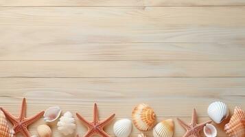 top view of seashells on textured wooden table with space for text, background image, generative AI photo
