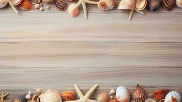 top view of seashells on textured wooden table with space for text, background image, generative AI photo