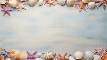 top view of seashells on textured table with space for text, background image, generative AI photo