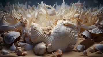 A visually captivating composition showcasing the intricate textures and patterns of a single seashell, allowing space for text, background image, generative AI photo