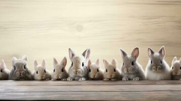 top view of bunnies on textured wooden table with space for text, background image, generative AI photo