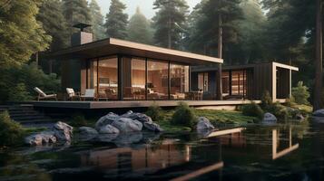 An artistic portrayal of the modern minimalist cottage set against a backdrop of natural beauty, background image, generative AI photo
