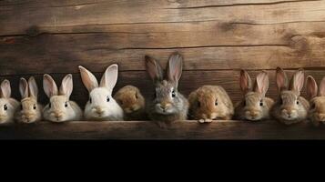 top view of bunnies on textured wooden table with space for text, background image, generative AI photo