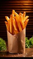 A stack of French fries in a paper cone against a textured red brick wall, suitable for text overlay, vertical format, background image, generative AI photo