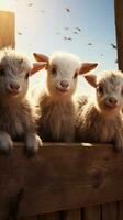 A close-up of adorable baby goats in a pen, with textured wooden fencing and space for text, vertical format, background image, generative AI photo