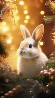 A curious bunny exploring a Christmas wreath with twinkling lights with space for text, vertical format, background image, generative AI photo
