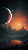 un escena ilustrando el descubrimiento y exploración de distante exoplanetas dentro interestelar espacio, permitiendo espacio para texto, vertical formato, antecedentes imagen, generativo ai foto