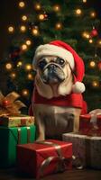 A dog dressed as a Christmas elf, surrounded by beautifully wrapped presents and twinkling lights, with space for text, vertical format, background image, generative AI photo