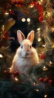 A curious bunny exploring a Christmas wreath with twinkling lights with space for text, vertical format, background image, generative AI photo