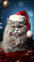 A regal cat wearing a Santa hat and posed on a velvet cushion with space for text, vertical format, background image, generative AI photo