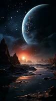 A scene illustrating the discovery and exploration of distant exoplanets within interstellar space, allowing space for text, vertical format, background image, generative AI photo