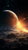 A scene illustrating the discovery and exploration of distant exoplanets within interstellar space, allowing space for text, vertical format, background image, generative AI photo