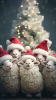 A group of sheep wearing festive Santa hats and gathered around a Christmas tree, with room for text, vertical format, background image, generative AI photo