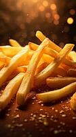 A close-up of seasoned French fries with visible texture and seasoning with space for text, vertical format, background image, generative AI photo
