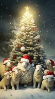 A group of sheep wearing festive Santa hats and gathered around a Christmas tree, with room for text, vertical format, background image, generative AI photo