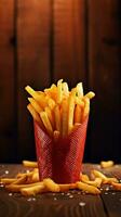 A stack of French fries in a paper cone against a textured red brick wall, suitable for text overlay, vertical format, background image, generative AI photo