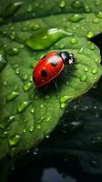 un imagen capturar el intrincado detalles de un mariquita encaramado en un texturizado hoja, vertical formato, antecedentes imagen, generativo ai foto