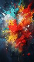An image featuring a dynamic arrangement of paint splatters against a textured backdrop with space for text, vertical format, background image, generative AI photo