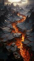 An image featuring intricate lava cracks in a volcanic landscape, vertical format, background image, generative AI photo