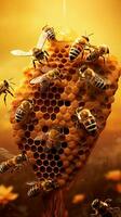 An image showcasing a hexagonal beehive with bees at work, set against a textured background. Allow space for text, vertical format, background image, generative AI photo