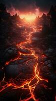 An image featuring intricate lava cracks in a volcanic landscape, vertical format, background image, generative AI photo