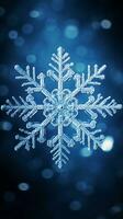 An image showcasing a close-up view of a single, delicate snowflake, with ample space for text, vertical format, background image, generative AI photo