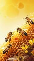 An image showcasing a hexagonal beehive with bees at work, set against a textured background. Allow space for text, vertical format, background image, generative AI photo