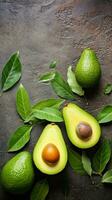 An image showcasing freshly harvested avocados with leaves and branches, set against a rustic textured background. Leave space for text, vertical format, background image, generative AI photo