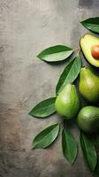 An image showcasing freshly harvested avocados with leaves and branches, set against a rustic textured background. Leave space for text, vertical format, background image, generative AI photo