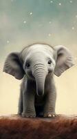 de cerca de un linda bebé elefante con texturizado antecedentes y espacio para texto, vertical formato, antecedentes imagen, generativo ai foto