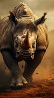 close-up of an angry male rhino with textured background and huge space for text, vertical format, background image, generative AI photo