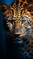 de cerca de increíble leopardo con texturizado antecedentes y enorme espacio para texto, vertical formato, antecedentes imagen, generativo ai foto